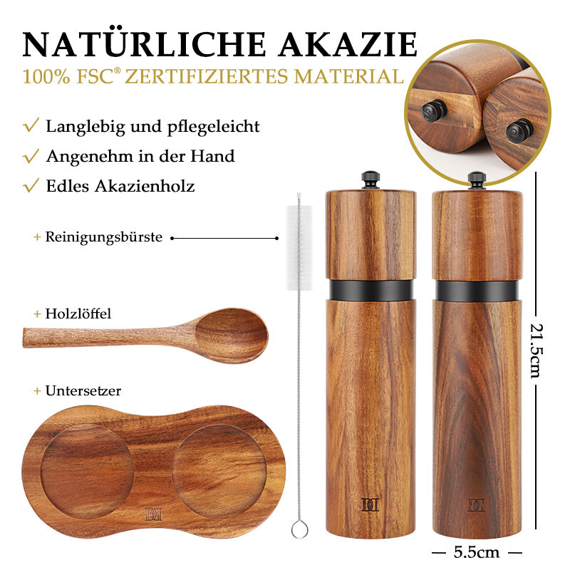 DELUXE™ Gewürzmühlen-Set „Classique" — Natur Akazienholz mit Keramikmahlwerk