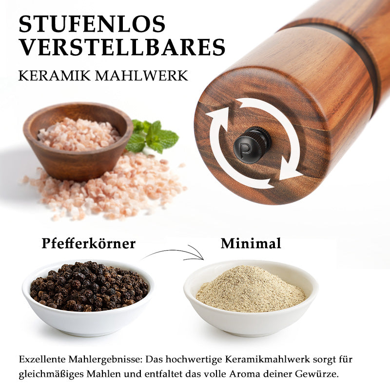 DELUXE™ Gewürzmühlen-Set „Classique" — Natur Akazienholz mit Keramikmahlwerk