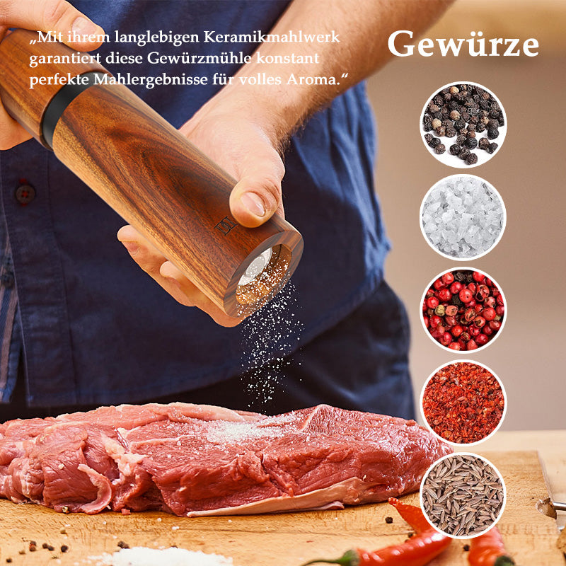 DELUXE™ Gewürzmühlen-Set „Classique" — Natur Akazienholz mit Keramikmahlwerk