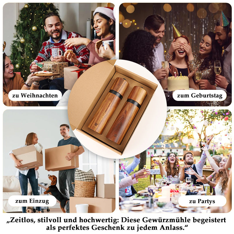DELUXE™ Gewürzmühlen-Set „Classique" — Natur Akazienholz mit Keramikmahlwerk