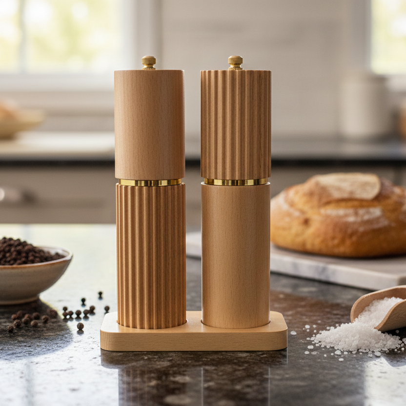 DELUXE™ Gewürzmühlen-Set „Classique" — Natur Akazienholz mit Keramikmahlwerk
