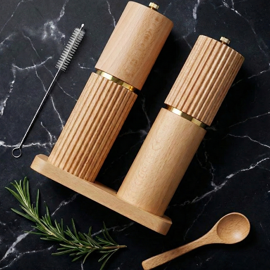 DELUXE™ Gewürzmühlen-Set „Classique" — Natur Akazienholz mit Keramikmahlwerk