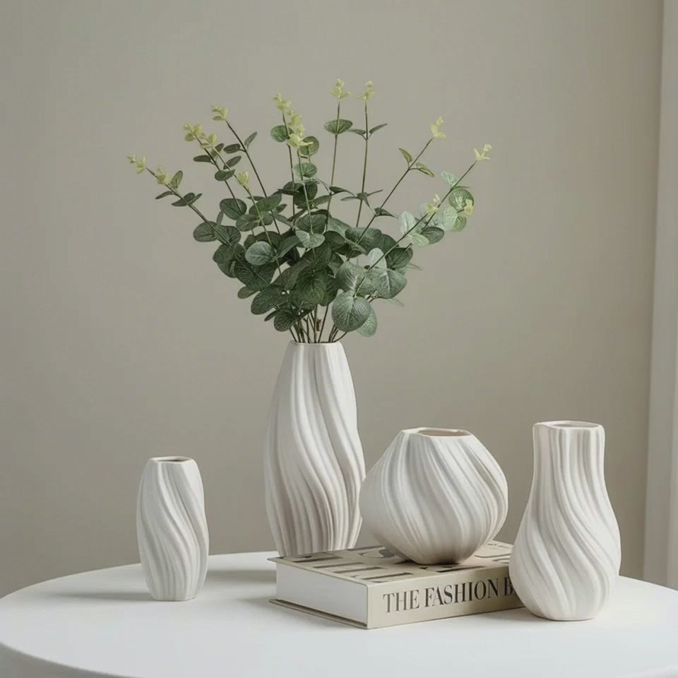DELUXE™ Keramikvasen-Set „Wave" — Skulpturales Wellendesign in Weiß